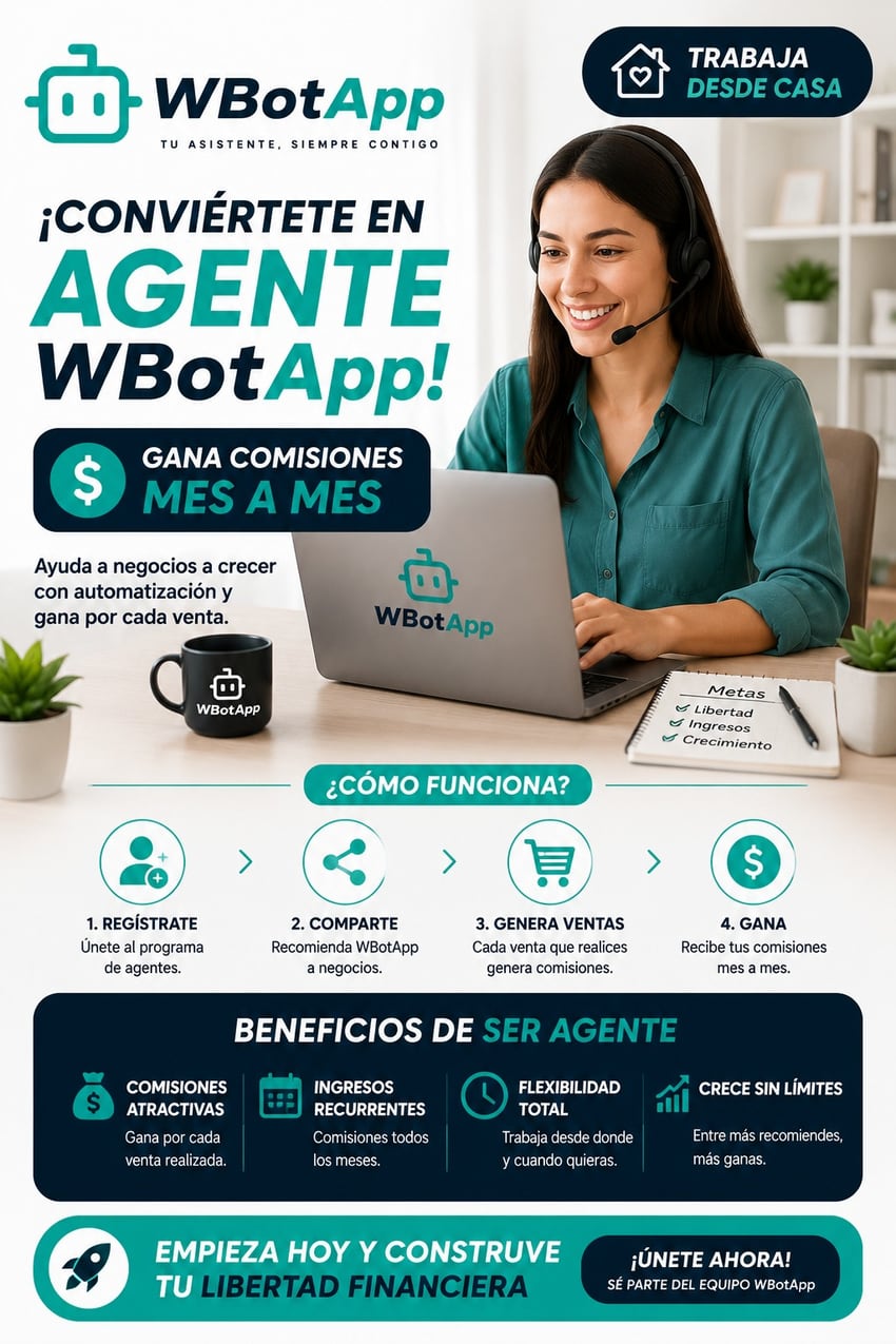 Flyer: Conviértete en agente WBotApp y gana comisiones mes a mes